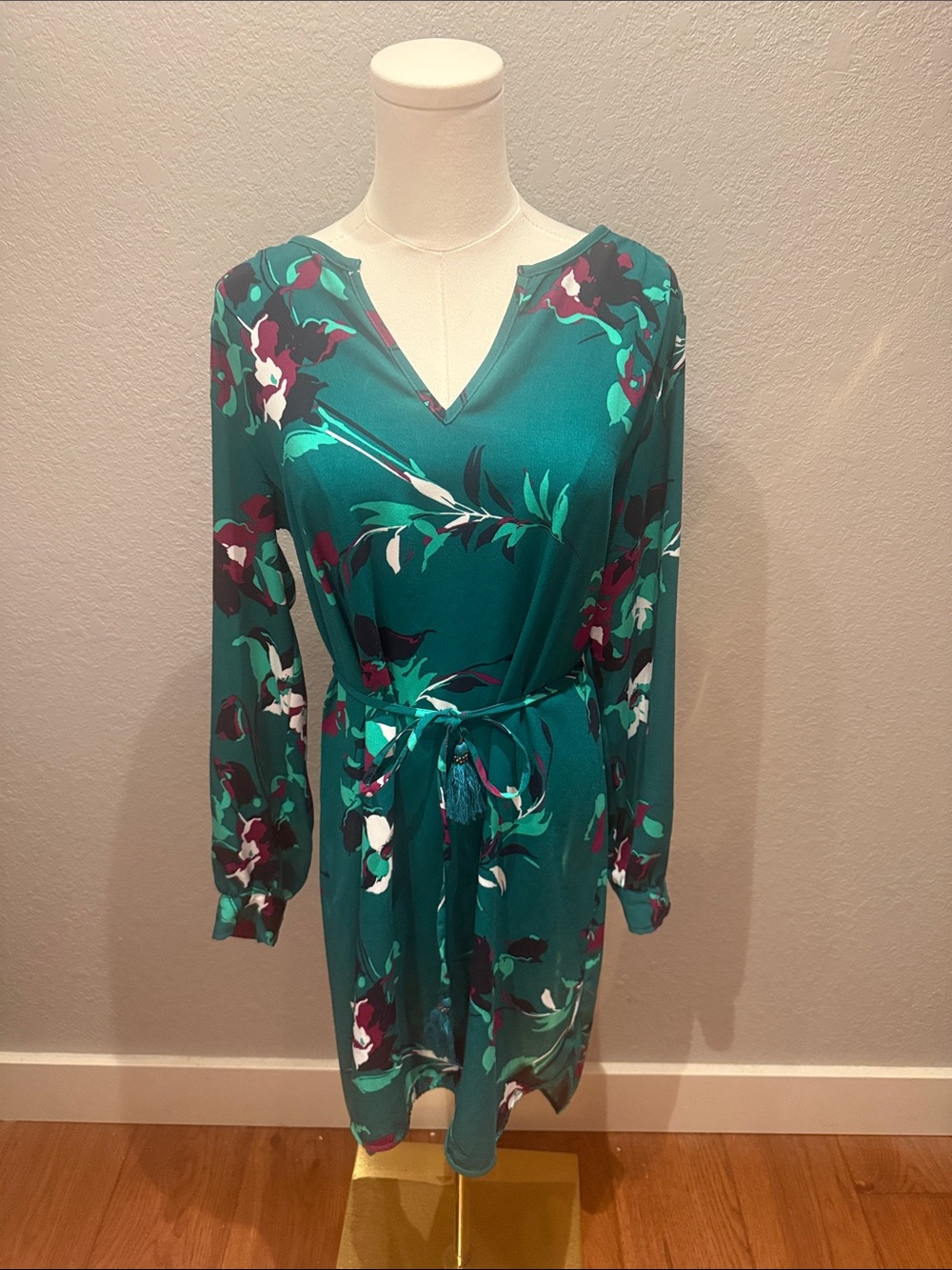 Merona Teal Floral Long-Sleeve Tie-Waist Dress